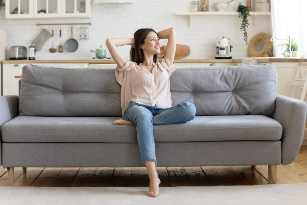 Woman stress free in living room